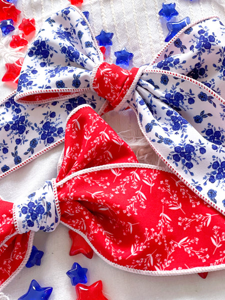 Red and Blue Hand Tied Floral Bow